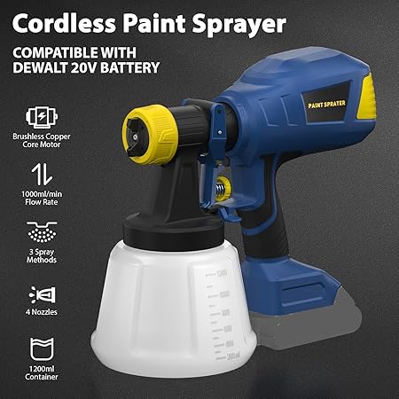 Brushless Cordless Paint Sprayer for Dewalt 20V Battery,4 Nozzles,150 Din/s Viscosity,1000ml/min Flow Rate & 1200ML Electric Paint Gun for Furniture, Walls