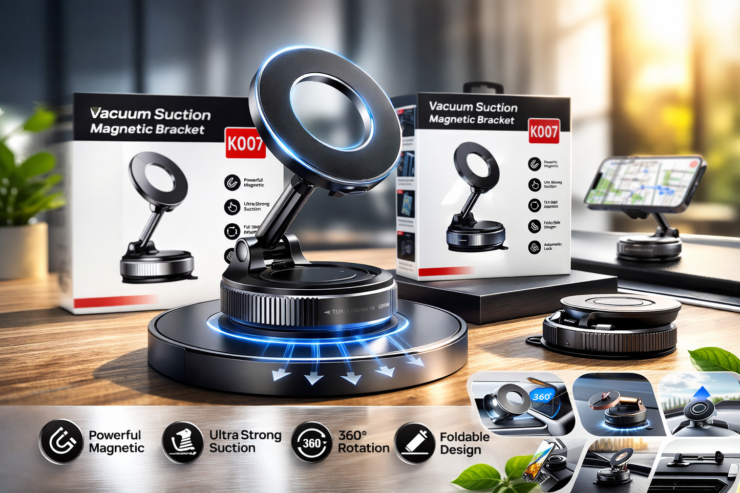 K007 Vacuum Suction Magnetic Car Phone Holder – 360° Rotation | Ultra Strong Grip | Foldable Design
