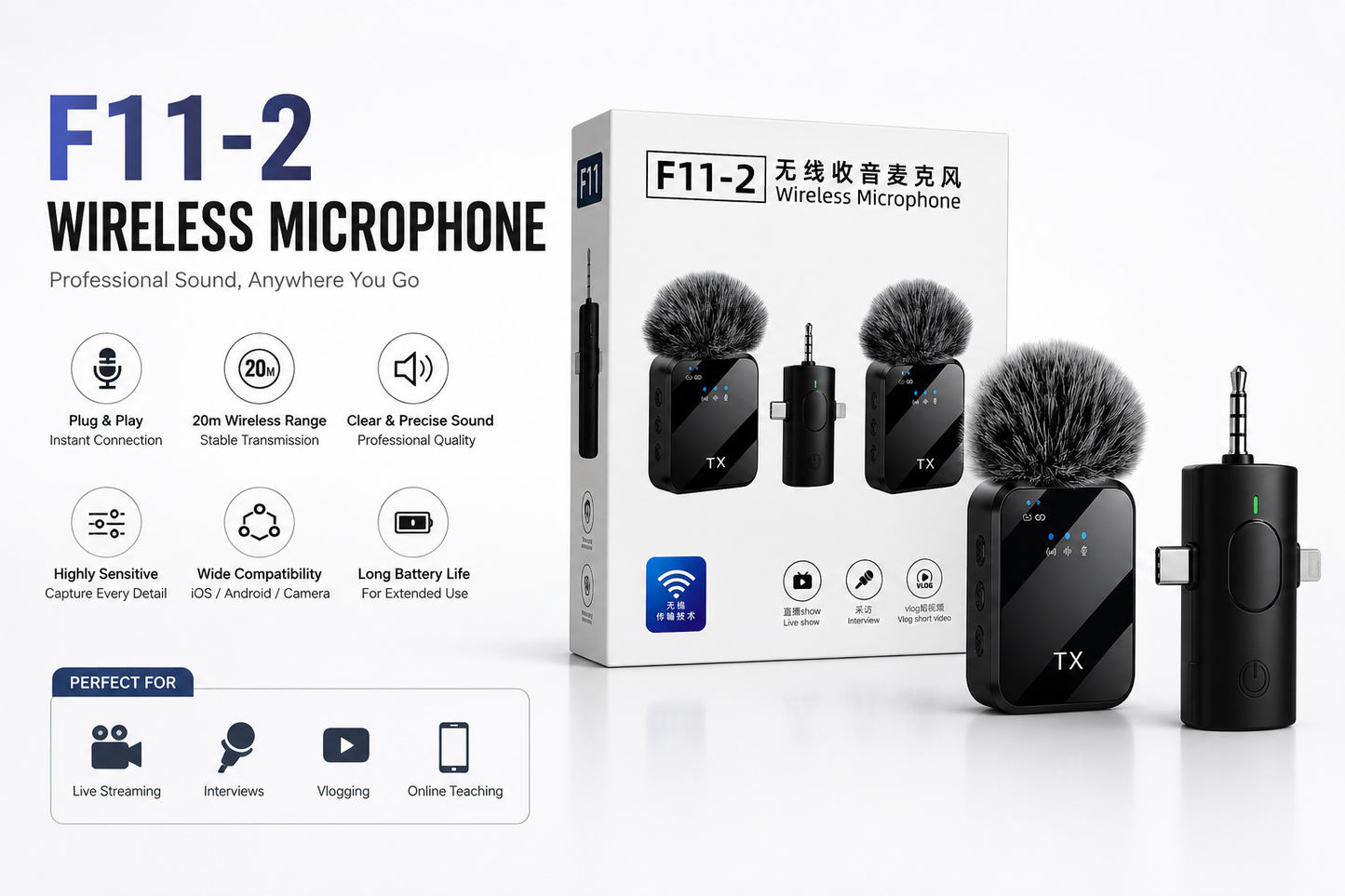 F11-2 Wireless Lavalier Microphone β Dual Mic for iPhone, Android & Camera | Noise Reduction | Plug & Play