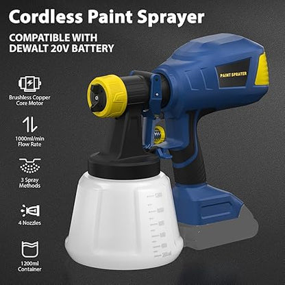 Brushless Cordless Paint Sprayer for Dewalt 20V Battery,4 Nozzles,150 Din/s Viscosity,1000ml/min Flow Rate & 1200ML Electric Paint Gun for Furniture, Walls
