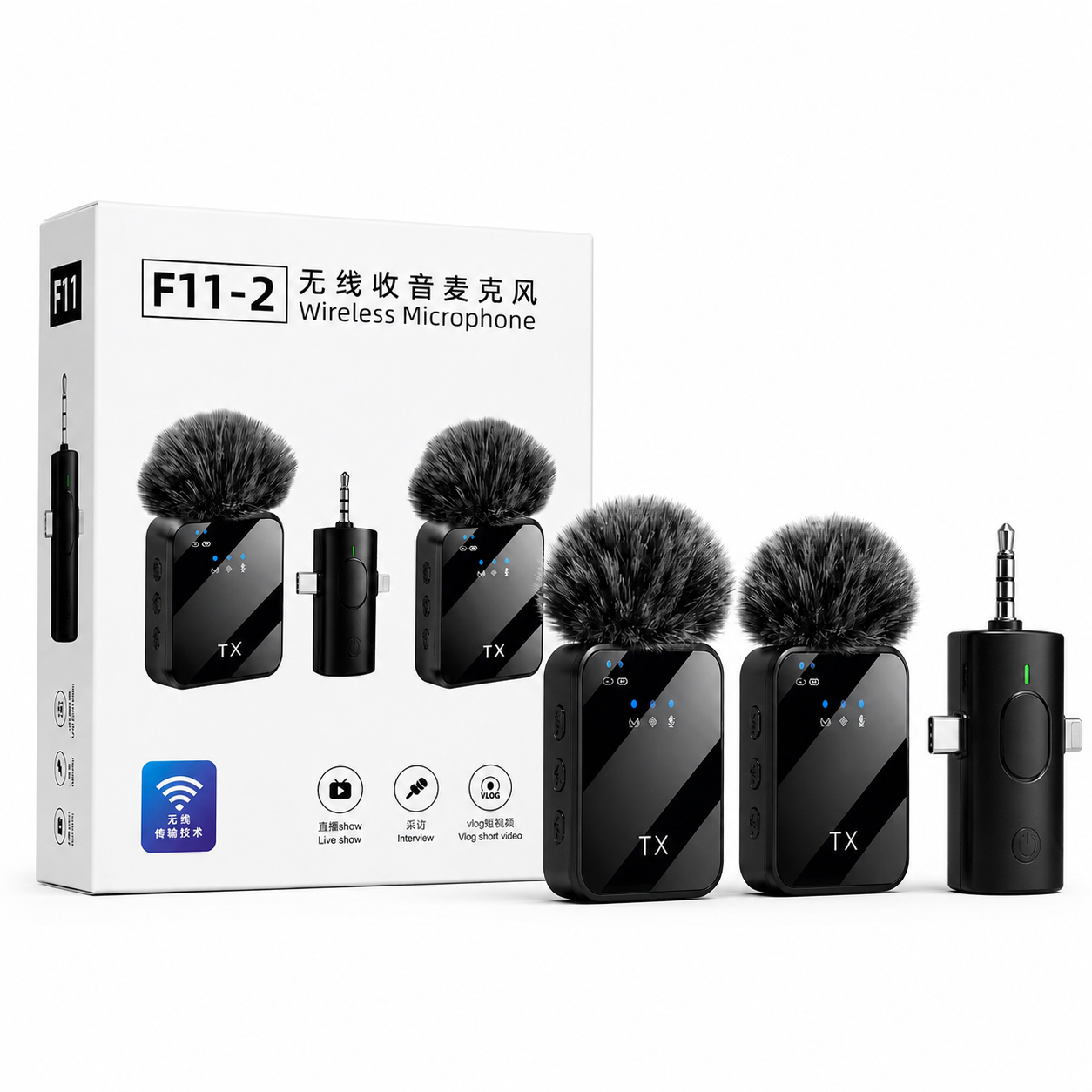 F11-2 Wireless Lavalier Microphone – Dual Mic for iPhone, Android & Camera | Noise Reduction | Plug & Play