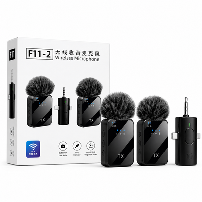 F11-2 Wireless Lavalier Microphone – Dual Mic for iPhone, Android & Camera | Noise Reduction | Plug & Play