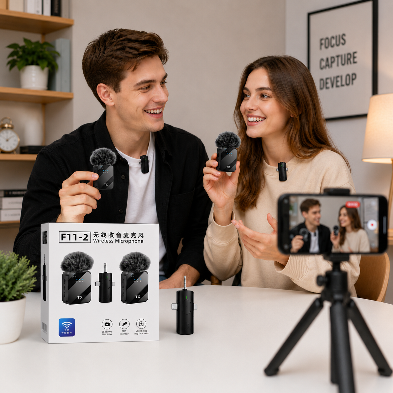 F11-2 Wireless Lavalier Microphone – Dual Mic for iPhone, Android & Camera | Noise Reduction | Plug & Play