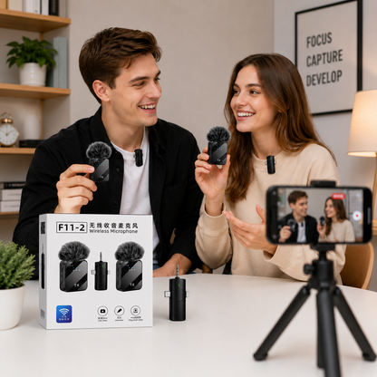 F11-2 Wireless Lavalier Microphone – Dual Mic for iPhone, Android & Camera | Noise Reduction | Plug & Play