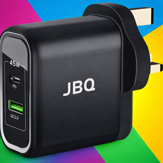 BQ HC-745 45W Fast Charger – 1× USB-C PD + 1× USB QC3.0, Auto-ID Smart Chip, Compact Portable Wall Charger (Black)