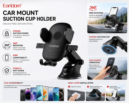 Universal Car Phone Mount with Strong Suction Cup, 360° Rotation